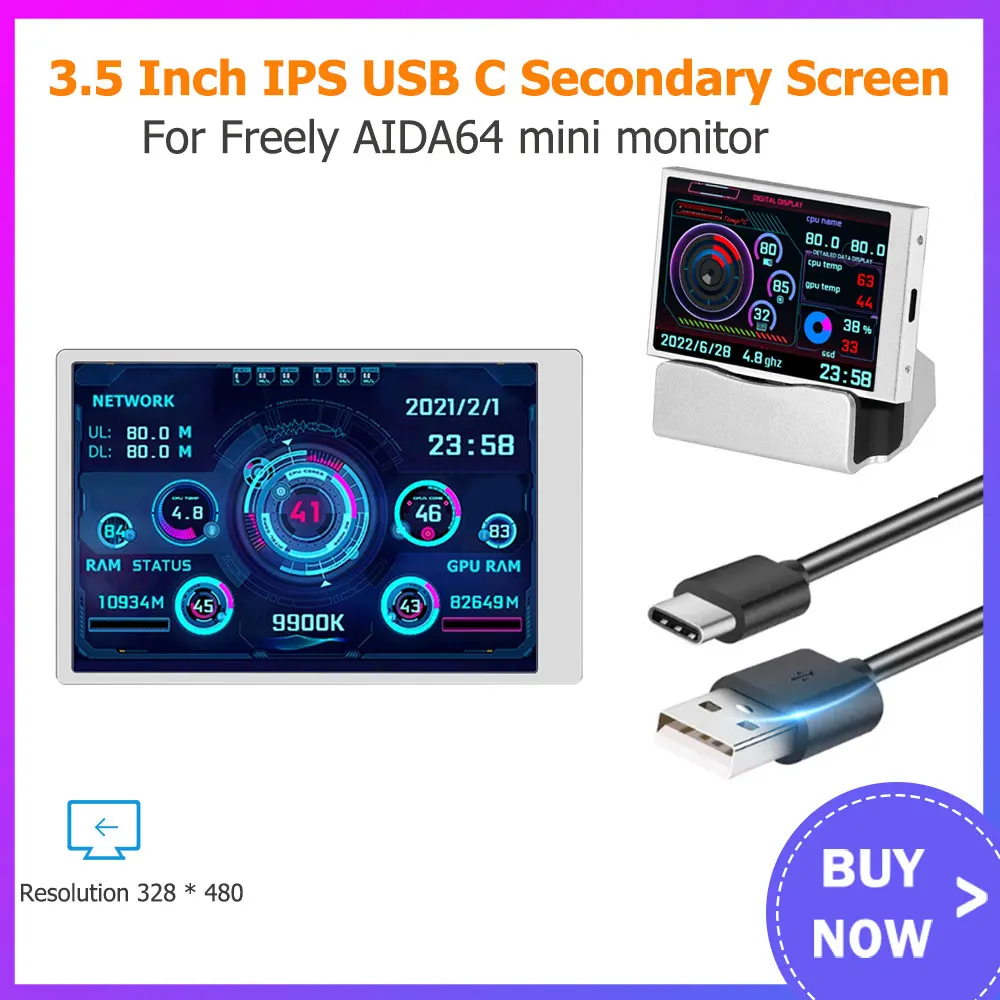 New 3.5 Inch IPS TYPE-C Secondary Screen Computer CPU GPU RAM HDD ...